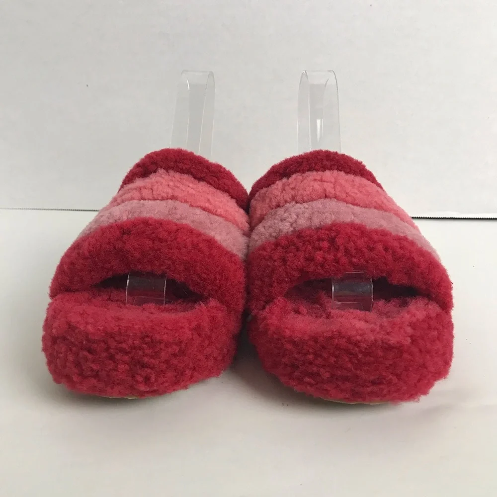 Ugg Fluff Yeah Red Pink Striped Slingback Slippers Girls Size 4 Loungewear Comfy